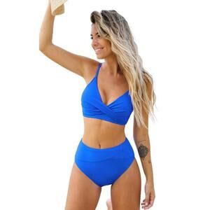Cupshe‎ Women's Wrap Bralette & Spliced High Waist Bikini Set Blue Size M